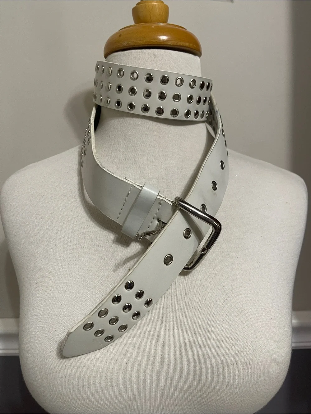 White Studded Double Grommet Belt with Silver Buckle
